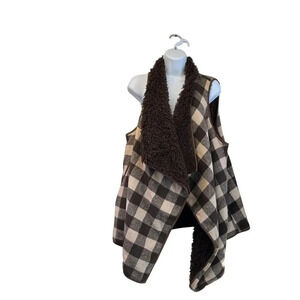 Womens M Brown /Cream Checked Soft Sherpa Open Pocket Vest